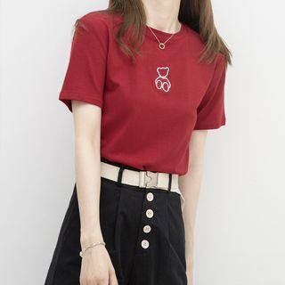 Short-sleeve Bear Embroidered T-shirt Red - One Size