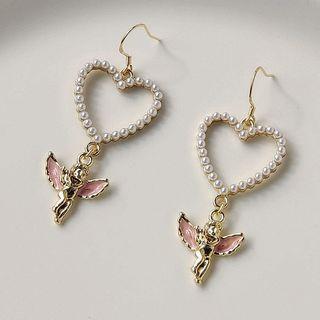 Angel Heart Faux Pearl Alloy Dangle Earring A97 - 1 Pair - Gold & White & Pink - One Size