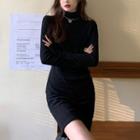 Long-sleeve Mock-neck Knit Mini Sheath Dress