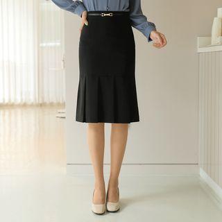 Metal-accent Pleated-hem Midi Mermaid Skirt