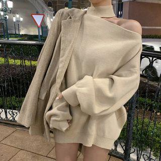 Mock-neck Cold Shoulder Sweater Almond - One Size