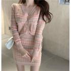 Set: Check V-neck Cardigan + Knit Mini Fitted Skirt Pink - One Size