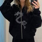Faux Crystal Dragon Graphic Zip-up Hoodie