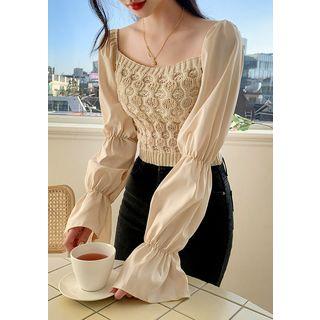 Puff-sleeve Knit-panel Blouse