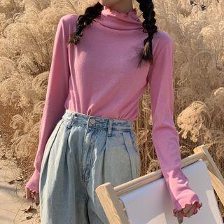 Long-sleeve Ruffle Trim Mock-neck Top