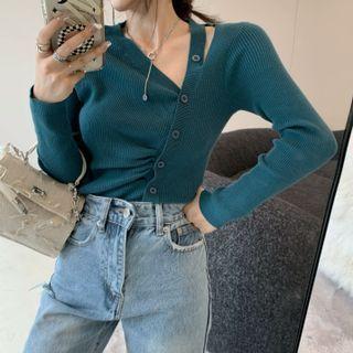 Asymmetrical Cutout Button-up Knit Top