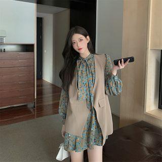Mock-neck Floral Long-sleeve Dress / Plain Sleeveless Blazer