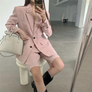 Plain Loose-fit Blazer / Dress Shorts / Long-sleeve Turtleneck Lettering Top