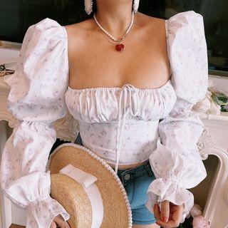 Long-sleeve Square-neck Floral Print Crop Top