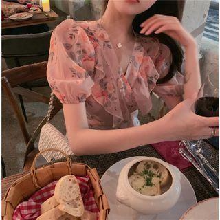 Puff-sleeve Floral Print Chiffon Top As Shown In Figure - One Size