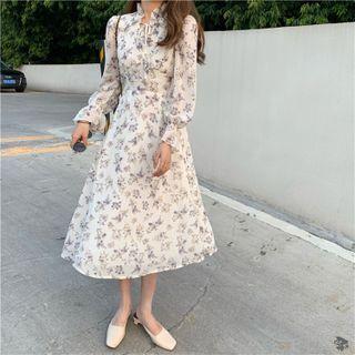 Long-sleeve Floral Print Midi Dress / Spaghetti Strap Floral Print Midi Dress / Cardigan