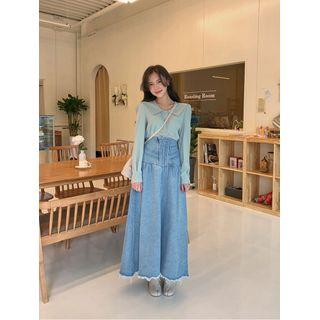 Lace-up Denim Maxi Swing Skirt