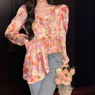 Floral Blouse Floral - Red & Purple & White - One Size