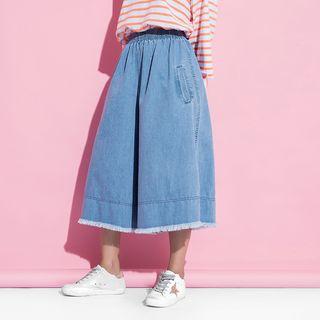 Elastic-waist Fray Denim Wide Leg Pants