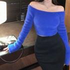 Off-shoulder Long-sleeve Cropped Knit Top Blue - One Size