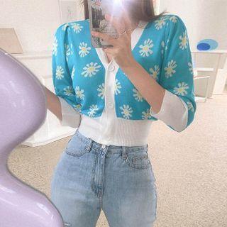 3/4-sleeve Floral Print Cropped Cardigan