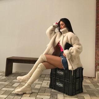 Belted-detail Faux-fur Jacket Ivory - One Size