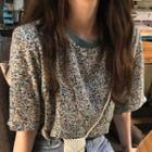 Floral Short-sleeve Chiffon Top Green Neck - Multicolor - One Size