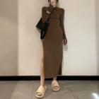 High-neck Slit Long-sleeve Dress