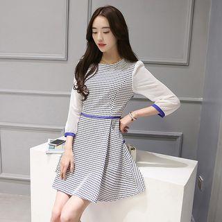 3/4-sleeve Gingham Panel Dress