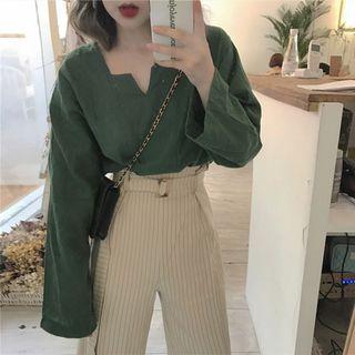 Loose-fit V-neck Blouse / High-waist Striped Pants