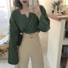 Loose-fit V-neck Blouse / High-waist Striped Pants