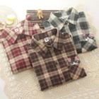 Long-sleeve Cat Embroidery Pocket Checked Shirt