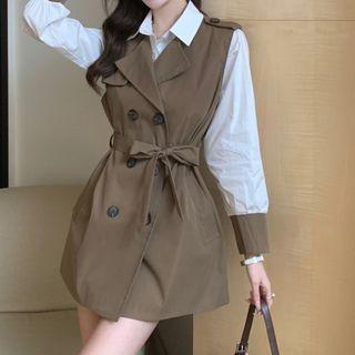 Set: Contrast Trim Shirt + Double-breasted Sashed Vest