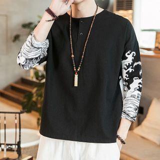 3/4-sleeve Print Linen T-shirt