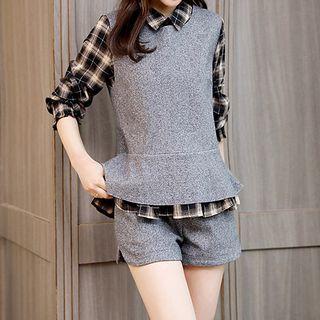 Set: Plaid Blouse + Crew-neck Vest + Shorts