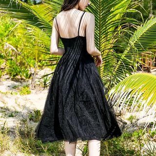Spaghetti Strap Midi A-line Mesh Dress