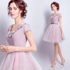 Short-sleeve Applique Mini Prom Dress