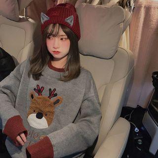 Contrast Trim Cartoon Embroidered Sweater