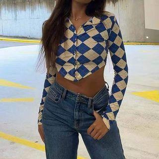 Long Sleeve Argyle Print Collar Crop Cardigan