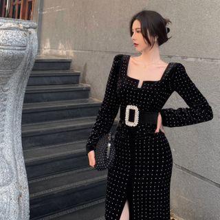 Long-sleeve Dotted Midi Sheath Dress / Rhinestone Belt
