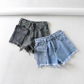 Washed Ripped Denim Cargo Shorts