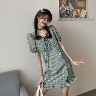 Puff-sleeve Gingham Ruffled A-line Dress Gingham - Blue & Yellow - One Size