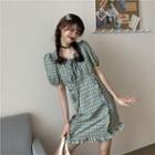 Puff-sleeve Gingham Ruffled A-line Dress Gingham - Blue & Yellow - One Size