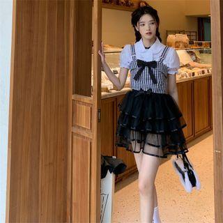 Short-sleeve Shirt / Sleeveless Plaid Top / Mini Skirt
