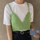 Plain Crew-neck Short-sleeve T-shirt / Crochet Knit Camisole Top