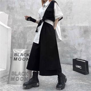 Mock Two-piece Wide Leg Capri Pants Black - One Size