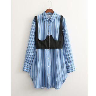 Set: Striped Shirt + Faux Leather Buckled Underbust Corset