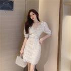 Lace Short-sleeve V-neck Mini Sheath Dress