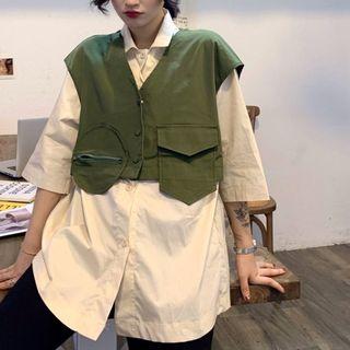 Plain Elbow-sleeve Shirt / Plain Pocket Detail Vest