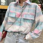Pocket-front Gingham Long-sleeve Shirt Pink & Purple - One Size