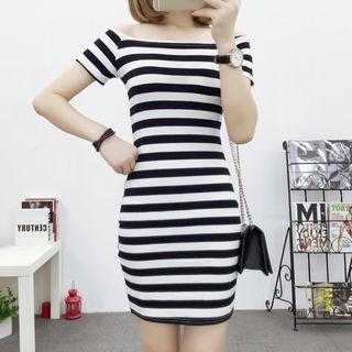 Striped Off-shoulder Short-sleeve Bodycon Dress