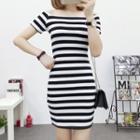Striped Off-shoulder Short-sleeve Bodycon Dress