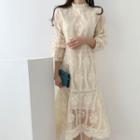 Lace Long-sleeve Midi Sheath Dress Almond - One Size