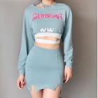 Set: Cutout Lettering Cropped Sweatshirt + Cropped Camisole Top + Fitted Mini Skirt