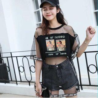 Short-sleeve Cartoon Print Mesh T-shirt